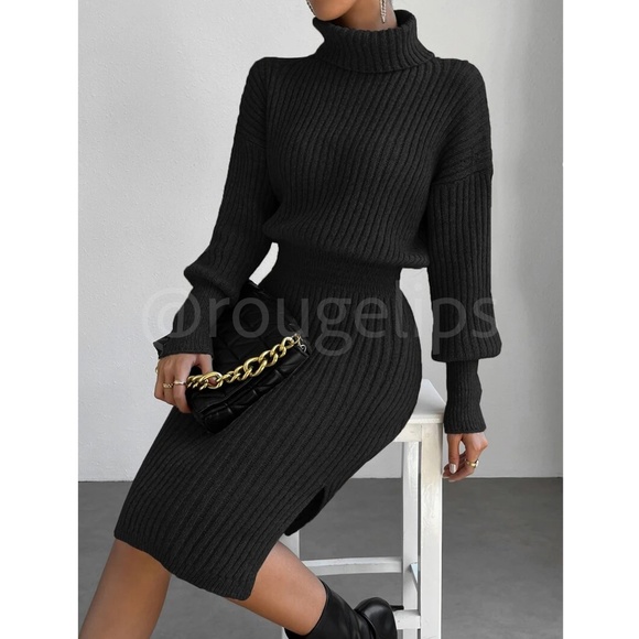 Black Cable Knit Long Sleeve Dress  Turtleneck Drop Shoulder, Long Sleeve - Picture 4 of 7